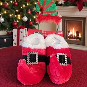 NWT plush stuffed Santa Christmas X-mas slippers & headband festive Size 7/8